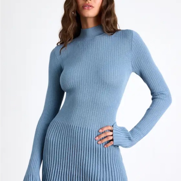 Lulu's Slate Blue Ribbed Mini Dress - Picture 2 of 5